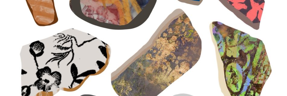 A digitally painted flatlay of 13 variously coloured and decorated sea pottery shards in vibrant colours. They are different shapes and sizes, but appear rounded by sea action. Body colours are visible at the edges of pieces, showing greys and beiges. Patterns include florals, stripes, anonymous blobby textures, fruit and show scrapes and scratches to the glazes. Colurs focus on bright blues, warm browns and yellows , with monochrome and various pinks.They fill the entire space, with roughly even spacing.