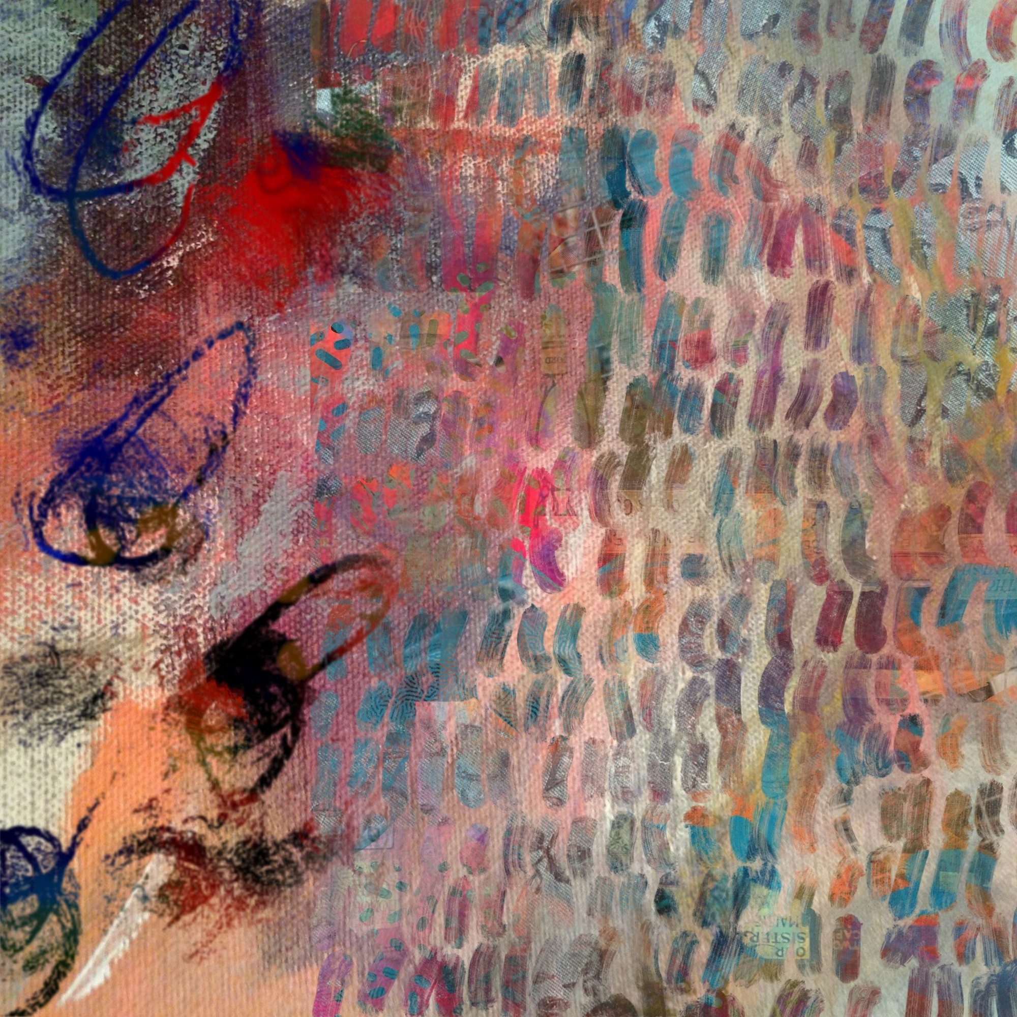 A square digital abstract painting with background of mottled pastel beige, green and blue, overlain by hatched lines, lined up like soldiers in a large grid, which are shades of muted mauve, teal and ochre. This takes up the right two thirds of the composition. On the left are rounded scribbed lines like knots, which are coloured red and purple.