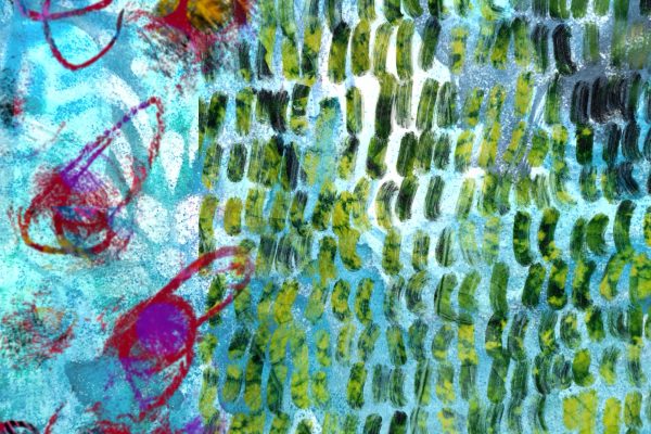 A square digital abstract painting with background of mottled mid- and light-blues, overlain by hatched lines, lined up like soldiers in a large grid, which are shades of rich greens. this takes up the right two thirds of the composition. On the left are rounded scribbed lines like knots, which are coloured magenta and purple.