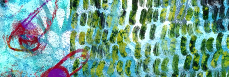 A square digital abstract painting with background of mottled mid- and light-blues, overlain by hatched lines, lined up like soldiers in a large grid, which are shades of rich greens. this takes up the right two thirds of the composition. On the left are rounded scribbed lines like knots, which are coloured magenta and purple.
