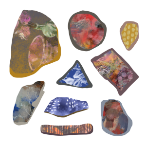 A digitally painted flatlay of 9 imagined sea pottery shards, on a white ground. The body colours of the pottery are ochre, greys and brown. The patterns are painterly and suggest transferware with still life scenes, florals and fruit, scored lines and stripes in thick glaze, and mottled colours, in shades of ochre, khaki green, bright blues and white, browns, and reds.