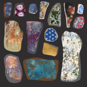 A digitally painted flatlay of 15 variously coloured imagined sea pottery shards in vibrant colours on a dark grey ground. The body colours of the shards can be seen as grey, beige and brown, and decorations include painterly brush marks, abstracted flowers, transferware type foliage and florals, dots, mottled and solid graduated colour. Colours include rich teal and purple, oranges and browns, green blue pastels, navy blue and cream.