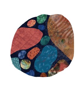 A digital painting showing a round rock-like object on white ground. The rock is formed of dark-blue solid colour, and is full of other knobbly and rounded shapes, suggesting a conglomerate rock or fruited pudding. Each element in it is rich with texture, colour and marks - teal, toffee brown, cobalt blues and warm oranges, hatched lines, stripes, dashes, dots, blobs, marbling.