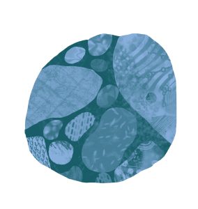 A digital painting showing a round rock-like object on white ground. The rock is formed of mid-blue solid colour, and is full of other knobbly and rounded shapes, suggesting a conglomerate rock or fruited pudding. Each element in it is rich with texture, colour and marks - greenish-blues in middling tones, hatched lines, stripes, dashes, dots, blobs, marbling.