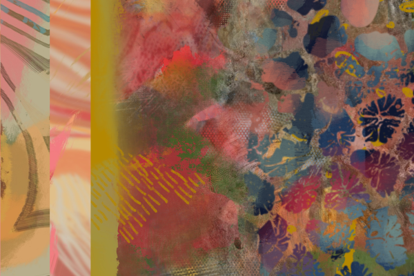 A digital artwork reminiscent of paper collage. The canvas is divided into vertical strips of different widths, carefully and aesthetically balanced. Each has its own infill of colour, texture, pattern and mottled, watercolour like paint layers. The biggest right-hand section contains the star-like repeating pattern of fossil coral. drawn lines, stripes, sketched dashes, scribbles and smudges abound, in tones of navy blue, oranges, pinks and ochre yellow.