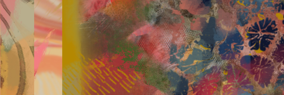 A digital artwork reminiscent of paper collage. The canvas is divided into vertical strips of different widths, carefully and aesthetically balanced. Each has its own infill of colour, texture, pattern and mottled, watercolour like paint layers. The biggest right-hand section contains the star-like repeating pattern of fossil coral. drawn lines, stripes, sketched dashes, scribbles and smudges abound, in tones of navy blue, oranges, pinks and ochre yellow.
