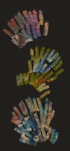 Digital abstract painting of tall portrait orientation, with a dark grey solid coloured ground, has many sets of five concentric lines, that are many times longer than wide - essentially complex stripes in. groups. These are inspired by the grooves made by mollusk limpets the feeding on rocks. These are arranged in three groups of three rows. The stripes within the groups are a little wiggly and imprecisely drawn.. they are infilled with graduating colour ingress green, purples, pinks, beige, blues and grey. They have almost an appearance of stained glass.