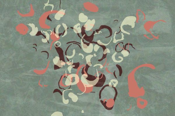 A square digital painting on a mottled mid-green ground. Three semi-transparent layers of separate pattern, reminiscent of printing techniques, are layered one over the next to form interesting interactions and shapes. Burgundy red, pale yellow, and coral orange. Each is formed of shapes traced from the remnants of ancient fossil oyster shells in rocks, forming curls, rings, blobs, spots.