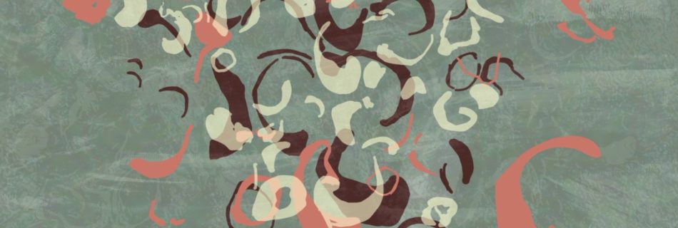 A square digital painting on a mottled mid-green ground. Three semi-transparent layers of separate pattern, reminiscent of printing techniques, are layered one over the next to form interesting interactions and shapes. Burgundy red, pale yellow, and coral orange. Each is formed of shapes traced from the remnants of ancient fossil oyster shells in rocks, forming curls, rings, blobs, spots.