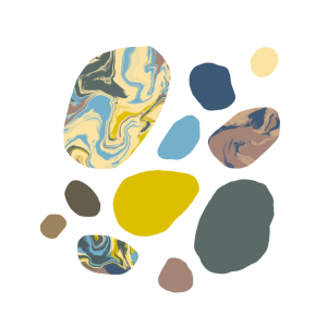 A digital painting on white ground. A scatter of rounded shapes, both large and tiny, reminiscent of pebbles, are neatly arranged with even spacing in an a circle. Some pebbles are a digitally collaged pieces, with unique colours. textures, marks. Others are simply solid. Blues, buff pink and Ochre yellow dominate.