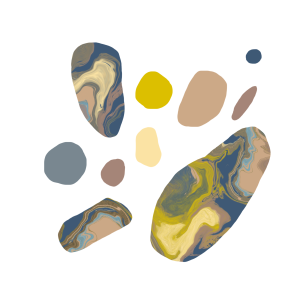 A digital painting on white ground. A scatter of 10 rounded shapes, both large and tiny, reminiscent of pebbles, are neatly arranged with even spacing in an a circle. Some pebbles are a digitally collaged pieces, with unique colours. textures, marks. Others are simply solid. Blues, soft yellow and ochre yellow dominate.
