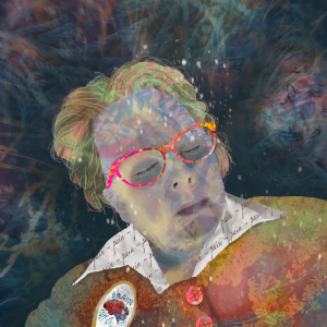 A square digital portrait painting with glowing colours, multiple layers of texture and ethereal atmosphere. A white 40s woman is seen head and shoulder, her tied back hair slightly pooling around her as if lying down flat. Her eyes are shut, her glasses seem to glow, her skin - mottled, yet beautiful - is full of overlain semi-transparent texture and colour, interacting to effectively appear as grey. She wears a pointed collar shirt and textured orange cardigan. A brooch has a stitched picture of a human brain, relating to her painful neurological condition. White speckles float around her. She looks pained.
