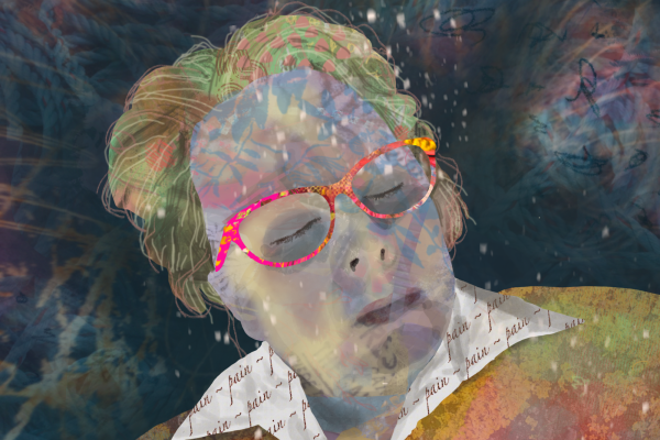 A square digital portrait painting with glowing colours, multiple layers of texture and ethereal atmosphere. A white 40s woman is seen head and shoulder, her tied back hair slightly pooling around her as if lying down flat. Her eyes are shut, her glasses seem to glow, her skin - mottled, yet beautiful - is full of overlain semi-transparent texture and colour, interacting to effectively appear as grey. She wears a pointed collar shirt and textured orange cardigan. A brooch has a stitched picture of a human brain, relating to her painful neurological condition. White speckles float around her. She looks pained.
