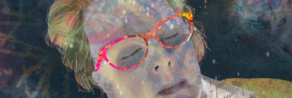A square digital portrait painting with glowing colours, multiple layers of texture and ethereal atmosphere. A white 40s woman is seen head and shoulder, her tied back hair slightly pooling around her as if lying down flat. Her eyes are shut, her glasses seem to glow, her skin - mottled, yet beautiful - is full of overlain semi-transparent texture and colour, interacting to effectively appear as grey. She wears a pointed collar shirt and textured orange cardigan. A brooch has a stitched picture of a human brain, relating to her painful neurological condition. White speckles float around her. She looks pained.