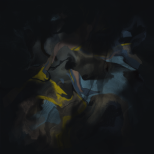 A square digital abstract painting on a black ground, made up of ghostly, amorphous shapes that are swirled and cloud like, in shades of mustard yellow, airforce blue and puce.