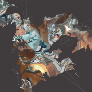 A square digital abstract painting on a deep warm grey solid ground. A roughly central, asymmetric, sprawling area stretches with arms across approximately 50% of the canvas. It is filled with intermingling zones of swirling, marbled colour in soft orange, browns, soft grey-greens, navy blue and off-white. The complexity of the multiple different directional elements is offset by the solid areas of the composition, giving a tense of tension against solid calm. Fine drawn lines wander around the composition connecting areas.