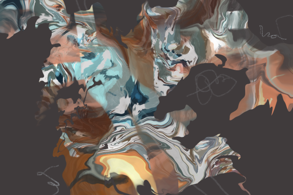 A square digital abstract painting on a deep warm grey solid ground. A roughly central, asymmetric, sprawling area stretches with arms across approximately 50% of the canvas. It is filled with intermingling zones of swirling, marbled colour in soft orange, browns, soft grey-greens, navy blue and off-white. The complexity of the multiple different directional elements is offset by the solid areas of the composition, giving a tense of tension against solid calm. Fine drawn lines wander around the composition connecting areas.