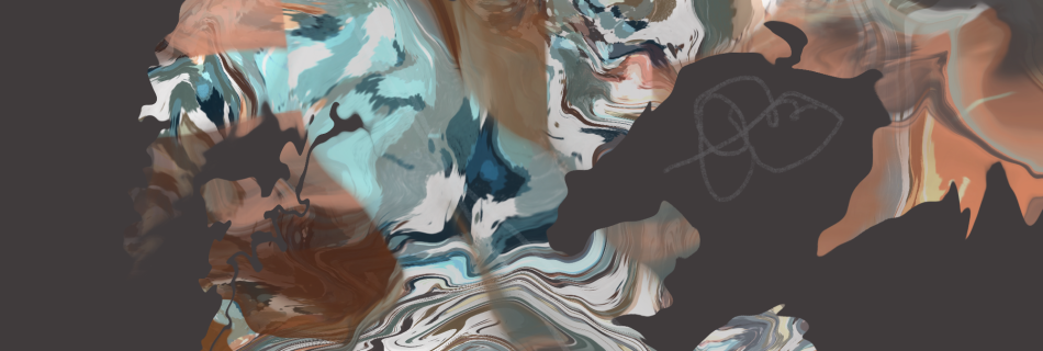 A square digital abstract painting on a deep warm grey solid ground. A roughly central, asymmetric, sprawling area stretches with arms across approximately 50% of the canvas. It is filled with intermingling zones of swirling, marbled colour in soft orange, browns, soft grey-greens, navy blue and off-white. The complexity of the multiple different directional elements is offset by the solid areas of the composition, giving a tense of tension against solid calm. Fine drawn lines wander around the composition connecting areas.
