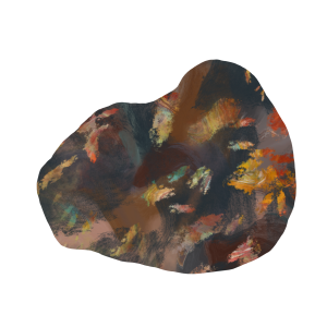 A digital painting of a rock like object on a white ground. The irregular, somewhat triangular shape is filled with watercolour-like overlapping, intermingling layers of colour and soft texture in greys, oranges, yellows, and verdigris green. Speckled marks look somewhat like phenocrysts in an extrusive igneous rock.