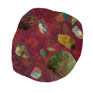 A digital painting showing a round rock-like object on white ground. The rock is formed of textural red, and is full of other knobbly and rounded shapes, suggesting a conglomerate rock or fruited pudding. Each element in it is rich with texture, colour and marks.