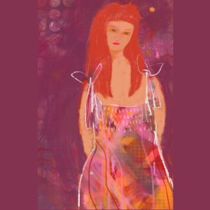 A digital painting of a woman, seen half length, in a loose, illustrative style. She Is pale skinned with long bright orange hair and a blunt fringe, tiny coral lips and shadows around her eyes. She looks thoughtfully away from the viewer. her dress is a vibrant melange of painterly marks and colours, straps tied on the shoulders with large bows. On a purple ground. Purple and orange dominate, with white sketched overdrawing.