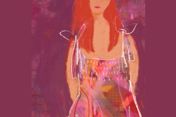 A digital painting of a woman, seen half length, in a loose, illustrative style. She Is pale skinned with long bright orange hair and a blunt fringe, tiny coral lips and shadows around her eyes. She looks thoughtfully away from the viewer. her dress is a vibrant melange of painterly marks and colours, straps tied on the shoulders with large bows. On a purple ground. Purple and orange dominate, with white sketched overdrawing.