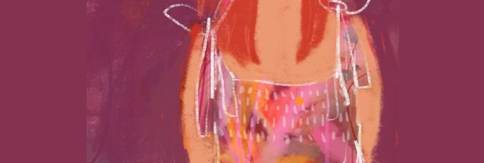 A digital painting of a woman, seen half length, in a loose, illustrative style. She Is pale skinned with long bright orange hair and a blunt fringe, tiny coral lips and shadows around her eyes. She looks thoughtfully away from the viewer. her dress is a vibrant melange of painterly marks and colours, straps tied on the shoulders with large bows. On a purple ground. Purple and orange dominate, with white sketched overdrawing.