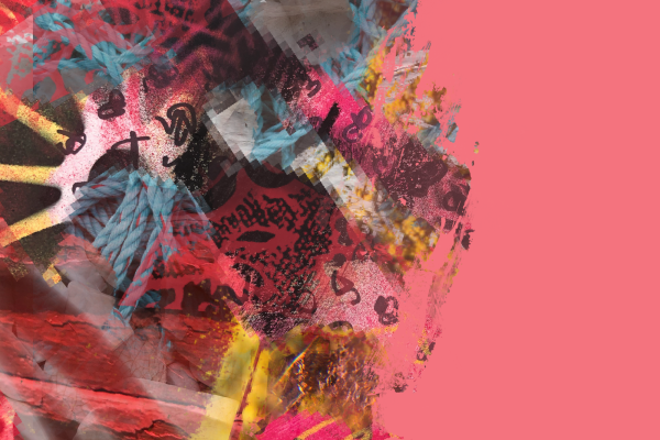 A square format digital abstract painting with the canvas divided into roughly in two . The left side contains a complex mesh of patterns and texture, including stencilled geometric repeating pattern, photo textures of blue coiled rope and red planks on the side of a boat, scribbled knots, semi transparent layers of colour. The elements meet and mingle, and the colours are mainly reds, pink, cyan and yellow. The right side is a solid field of coral pink.