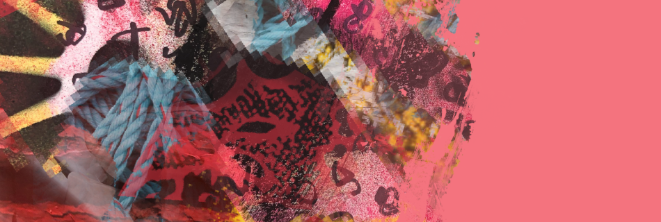 A square format digital abstract painting with the canvas divided into roughly in two . The left side contains a complex mesh of patterns and texture, including stencilled geometric repeating pattern, photo textures of blue coiled rope and red planks on the side of a boat, scribbled knots, semi transparent layers of colour. The elements meet and mingle, and the colours are mainly reds, pink, cyan and yellow. The right side is a solid field of coral pink.