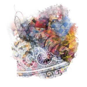 A abstract digital painting on white ground. A central mass of interwoven semi-transparent layers, colour, pattern and marks - pencil-like wandering lines, hatching, smudges, watercolour like paint effects, collaged in photo elements and patterns digitised from sea pottery found on the shore. The bottom left area of the composition features the pattern in white swirled rope and a greek key border from a shore found piece of transferware plate. Bold spring-like colours - blues, yellow, purple, pink, yellow - dominate.