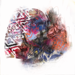 A abstract digital painting on white ground. A central mass of interwoven semi-transparent layers, colour, pattern and marks - pencil-like wandering lines, scribbles, smudges, watercolour like paint effects, collaged photo elements and patterns digitised from sea pottery found on the shore. The left area of the composition features the pattern of diamonds from a piece of sponge ware pottery in white. Bold colours - blues, purple, orange, pink - dominate.