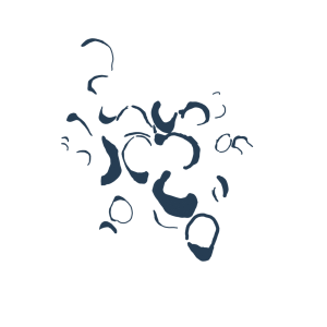 An individual layer from the making of 'Fossil Oyster Shells' digital artwork. A jumble of shapes infilled in dark teal - curls, and curved lines - on a transparent ground.