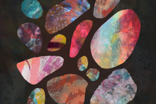 A digital artwork featuring 13 pebble-like shapes on a mottled grey ground, evenly spared across a central area. Each is formed of its own unique colours, textures, pattern and marks - watercolour type effects, scribbled lines, crayon-type marks, stripes, photo pattern, etc. Jewel toned colours predominate.