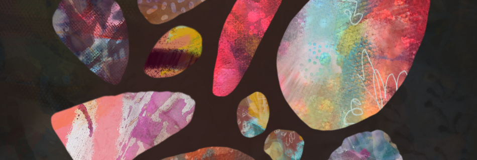 A digital artwork featuring 13 pebble-like shapes on a mottled grey ground, evenly spared across a central area. Each is formed of its own unique colours, textures, pattern and marks - watercolour type effects, scribbled lines, crayon-type marks, stripes, photo pattern, etc. Jewel toned colours predominate.