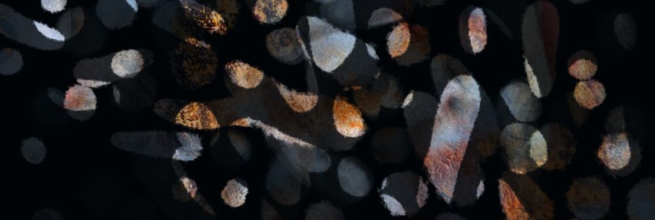 A digital abstract painting on black ground. Dots and dashes of semi transparent colour, like an ale stained glass window, overlay each other creating a complex mesh of marks that intensify each other. They run broadly top left to bottom right in a cloud like band.