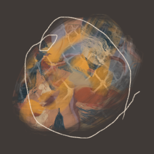 A square digital abstract painting with solid mink grey dark background. It has an irregularly circular central area of colour, pattern in soft egg yolk yellow, gentle mid-brown and pinkish-greys. The photo texture of the repeating diamonds of a fishing net can be discerned, along with energetic bits of brushwork Colours merge one into anther. A pale pencil-like line looks quickly scribbled in a ring roughly around it perimeter, enclosing this zone of detail.