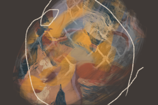 A square digital abstract painting with solid mink grey dark background. It has an irregularly circular central area of colour, pattern in soft egg yolk yellow, gentle mid-brown and pinkish-greys. The photo texture of the repeating diamonds of a fishing net can be discerned, along with energetic bits of brushwork Colours merge one into anther. A pale pencil-like line looks quickly scribbled in a ring roughly around it perimeter, enclosing this zone of detail.