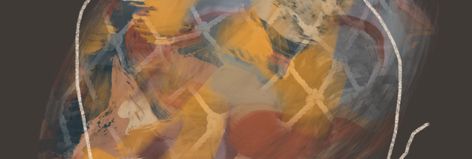 A square digital abstract painting with solid mink grey dark background. It has an irregularly circular central area of colour, pattern in soft egg yolk yellow, gentle mid-brown and pinkish-greys. The photo texture of the repeating diamonds of a fishing net can be discerned, along with energetic bits of brushwork Colours merge one into anther. A pale pencil-like line looks quickly scribbled in a ring roughly around it perimeter, enclosing this zone of detail.