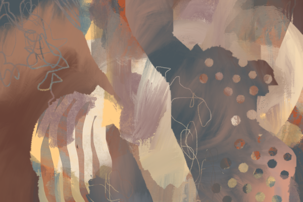 A digital abstract painting in beiges and browns tones with soft lines and shapes mimicking organic structures such as seeds and branches.