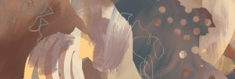 A digital abstract painting in beiges and browns tones with soft lines and shapes mimicking organic structures such as seeds and branches.