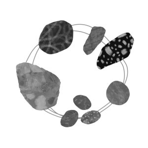 A digital painting featuring seven pebble-like shapes in greyscale colours on a plain white ground. The individual pebbles are connected by a looping circular line that runs around behind them, like a pencil scribble. Each pebble has texture, pattern and marks that are uniquely its own.