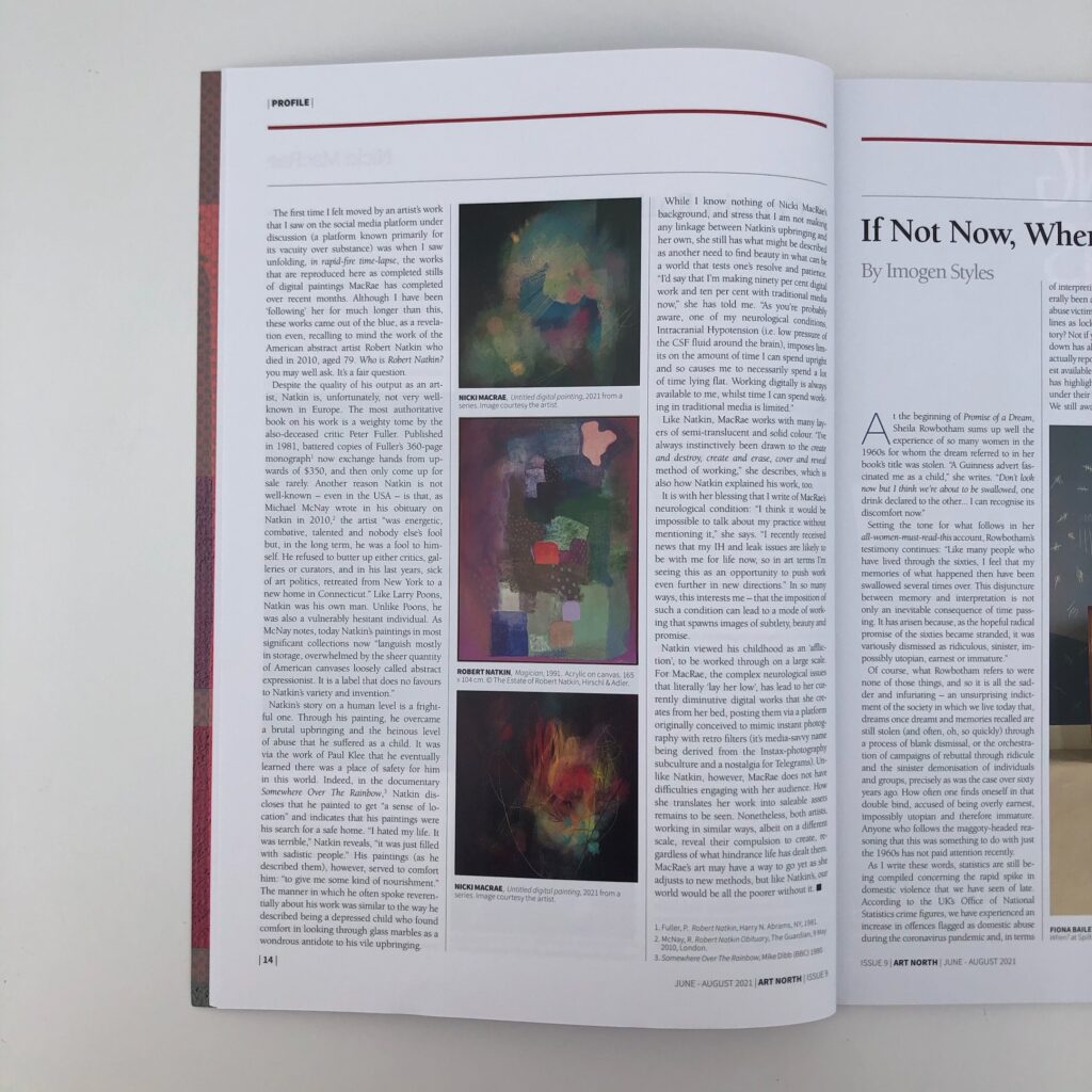 Open page of magazine article showing three colourful abstract artworks alongside text.