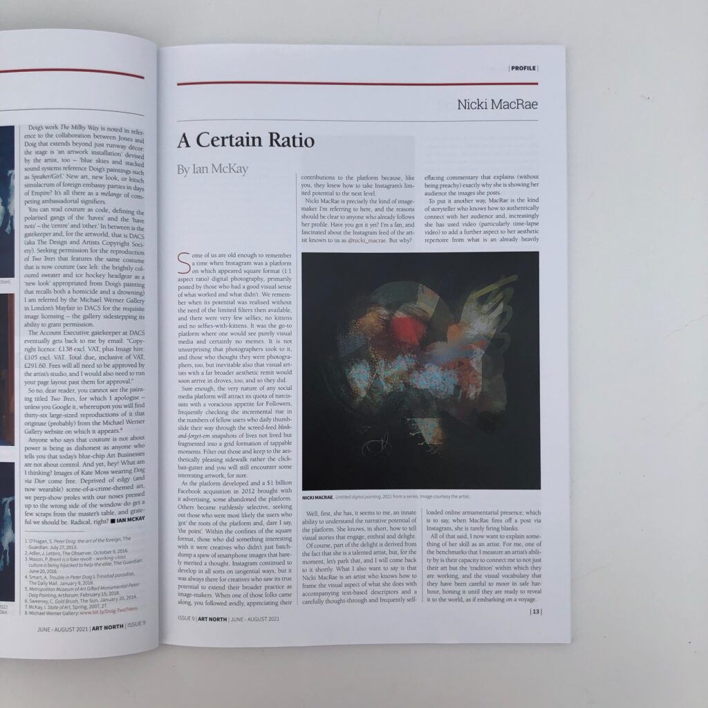Open page of a art magazine showing square digital abstract artwork in dark tones alongside text, titled 'A Certain Ratio'.
