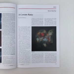 Open page of a art magazine showing square digital abstract artwork in dark tones alongside text, titled 'A Certain Ratio'.