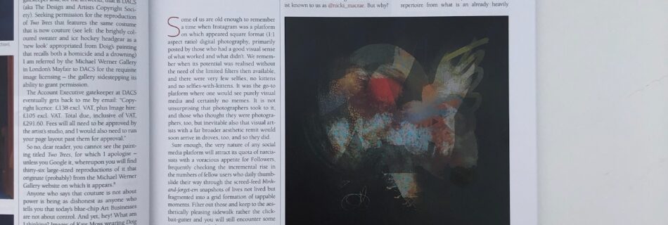 Open page of a art magazine showing square digital abstract artwork in dark tones alongside text, titled 'A Certain Ratio'.